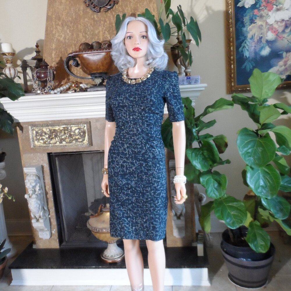 Burberry London Blue/Green Print Wool Sheath Dress w/Ruching Detail Size US 4